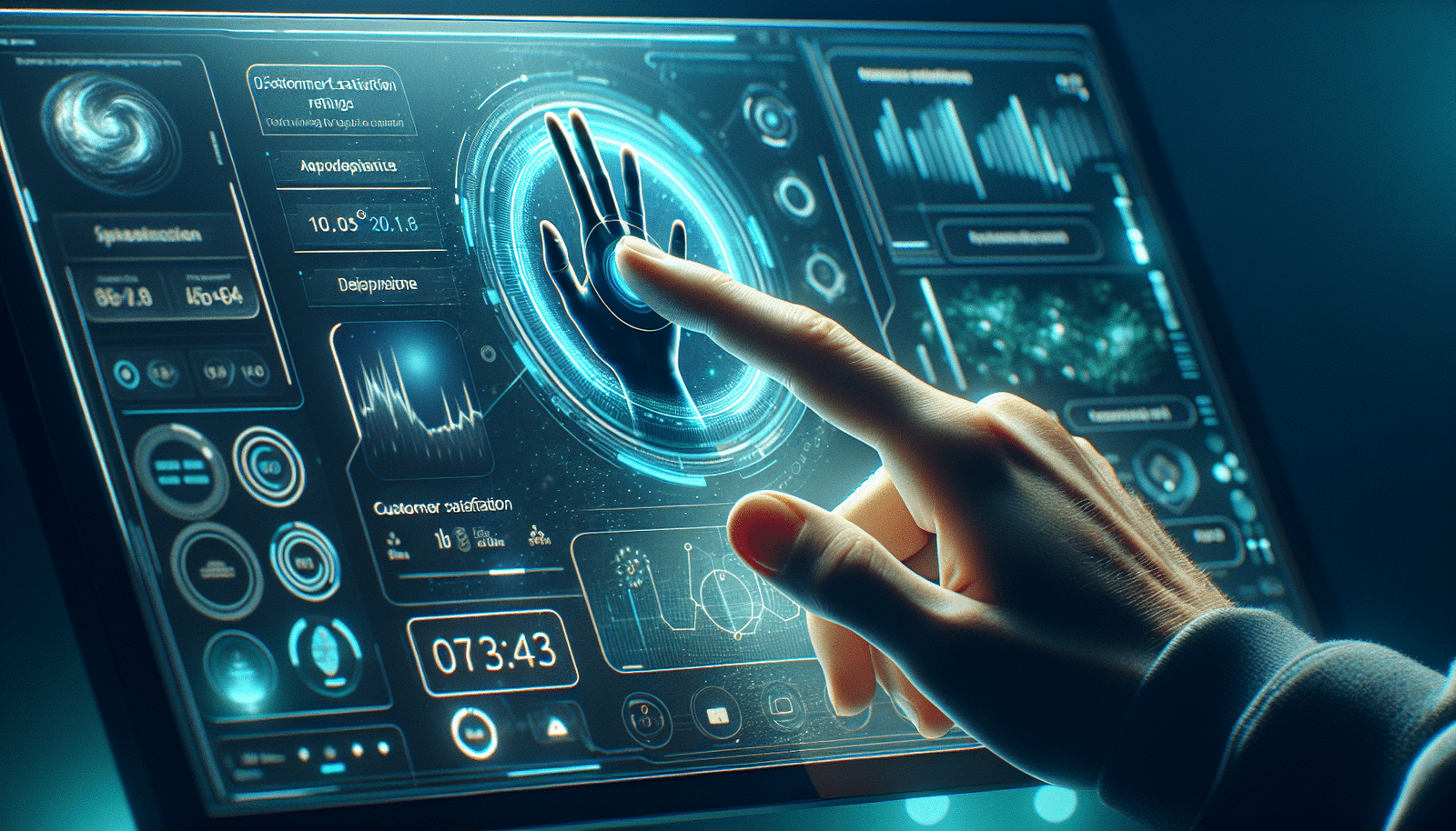 A futuristic digital interface displaying a high customer satisfaction rating on a screen, with subtle human elements like a hand gently touching the screen, emphasizing the blend of technology and empathy. Soft blue and green light, clean UI, modern design.