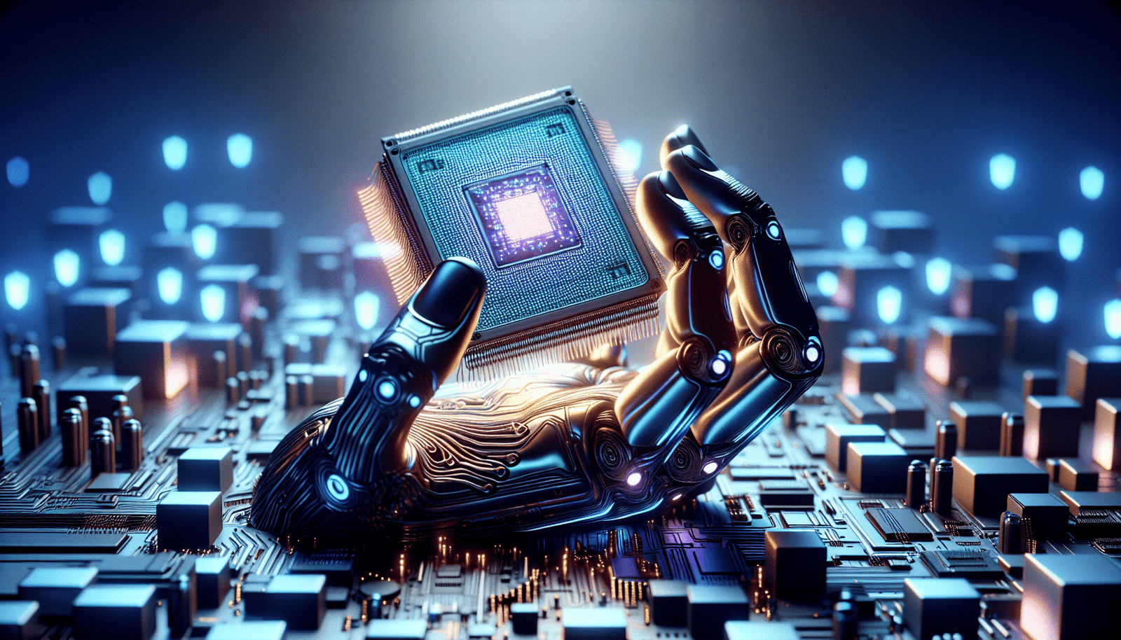 Main robotique stylisée tenant une puce semi-conductrice brillante et complexe, entourée d'un réseau lumineux symbolisant l'IA et le calcul haute performance. Ambiance cybernétique et innovante. Lumières bleues et violettes. Ratio 16:9.