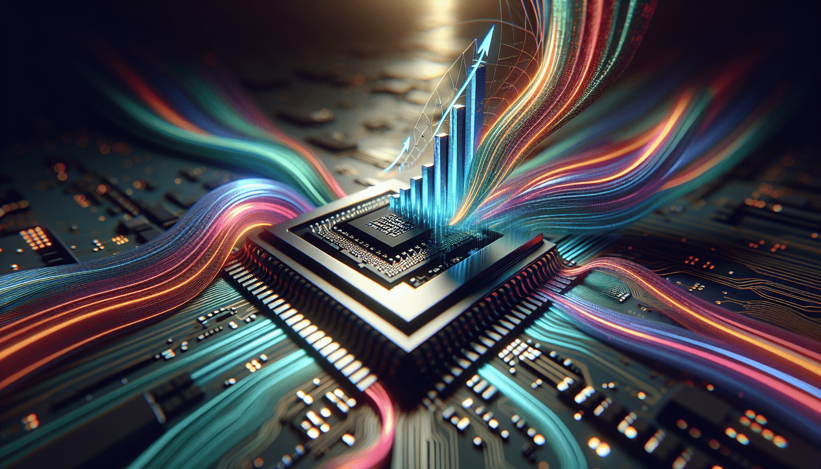 Une infographie moderne et dynamique montrant des flèches de croissance financière montant en spirale autour d'une puce de semi-conducteur futuriste, symbolisant la demande en IA. Couleurs vives, fond abstrait de données.