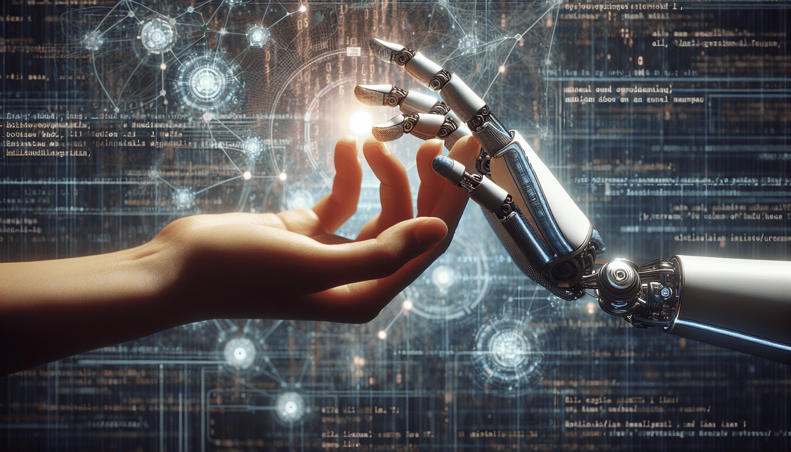 Une scène symbolique montant une main humaine et une main robotique (IA) se serrant ou travaillant ensemble sur un projet commun, entourées d'éléments de code et de données abstraites. L'image doit évoquer la collaboration, l'harmonie et l'innovation, avec une lumière futuriste et optimiste.