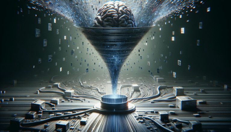 Une image abstraite et futuriste représentant des données s'écoulant dans un entonnoir géant vers un cerveau robotique, avec des verrous numériques brisés en arrière-plan. Couleurs froides, ambiance légèrement inquiétante, symbolisant la collecte massive et les risques de l'IA.