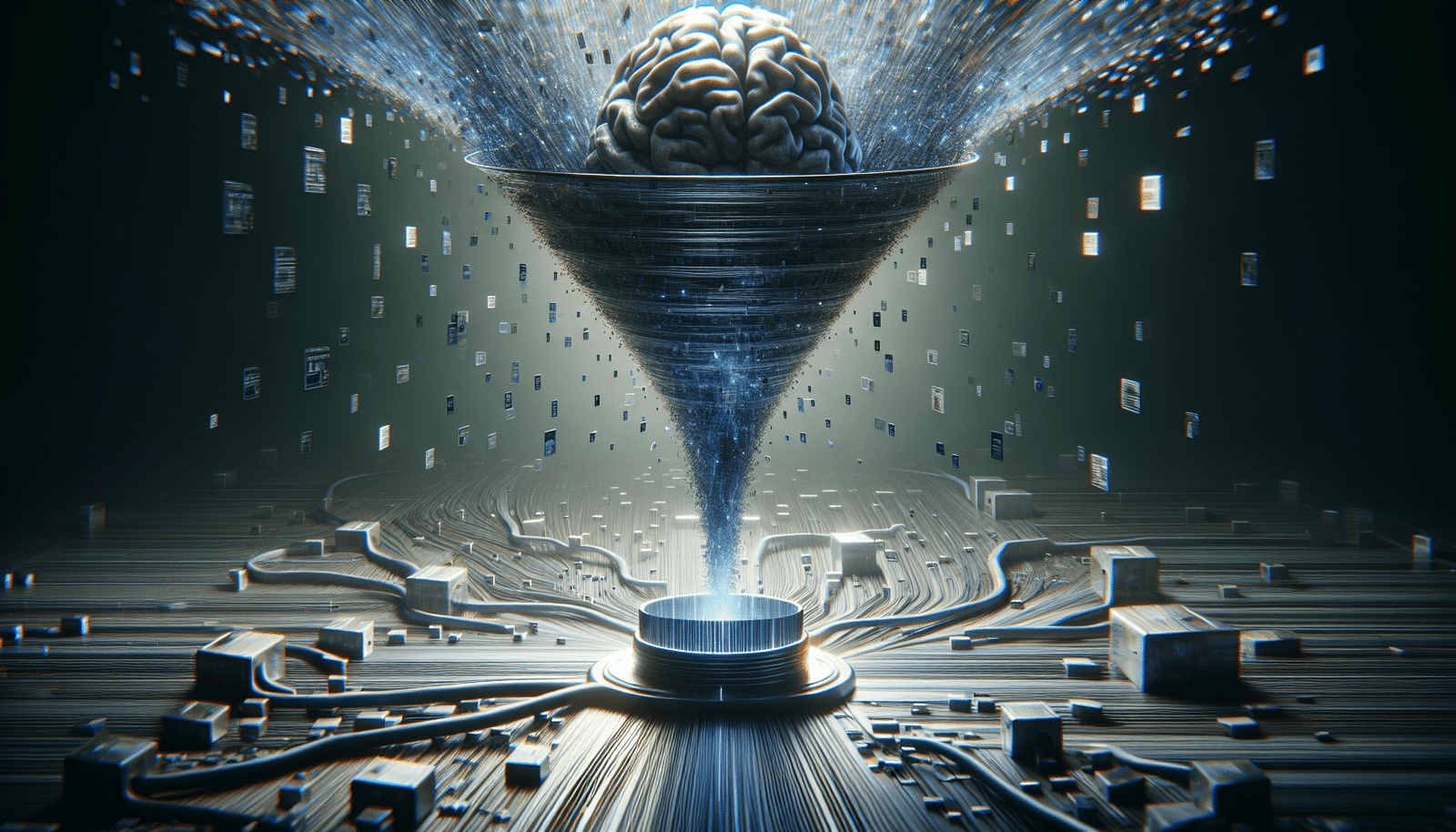 Une image abstraite et futuriste représentant des données s'écoulant dans un entonnoir géant vers un cerveau robotique, avec des verrous numériques brisés en arrière-plan. Couleurs froides, ambiance légèrement inquiétante, symbolisant la collecte massive et les risques de l'IA.