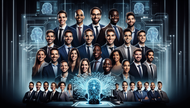 Un groupe de 15 entrepreneurs québécois diversifiés, souriants et confiants, se tenant devant un tableau futuriste affichant des graphiques de croissance IA et des circuits neuronaux lumineux, symbolisant l'innovation et la collaboration. Style lumineux et optimiste.