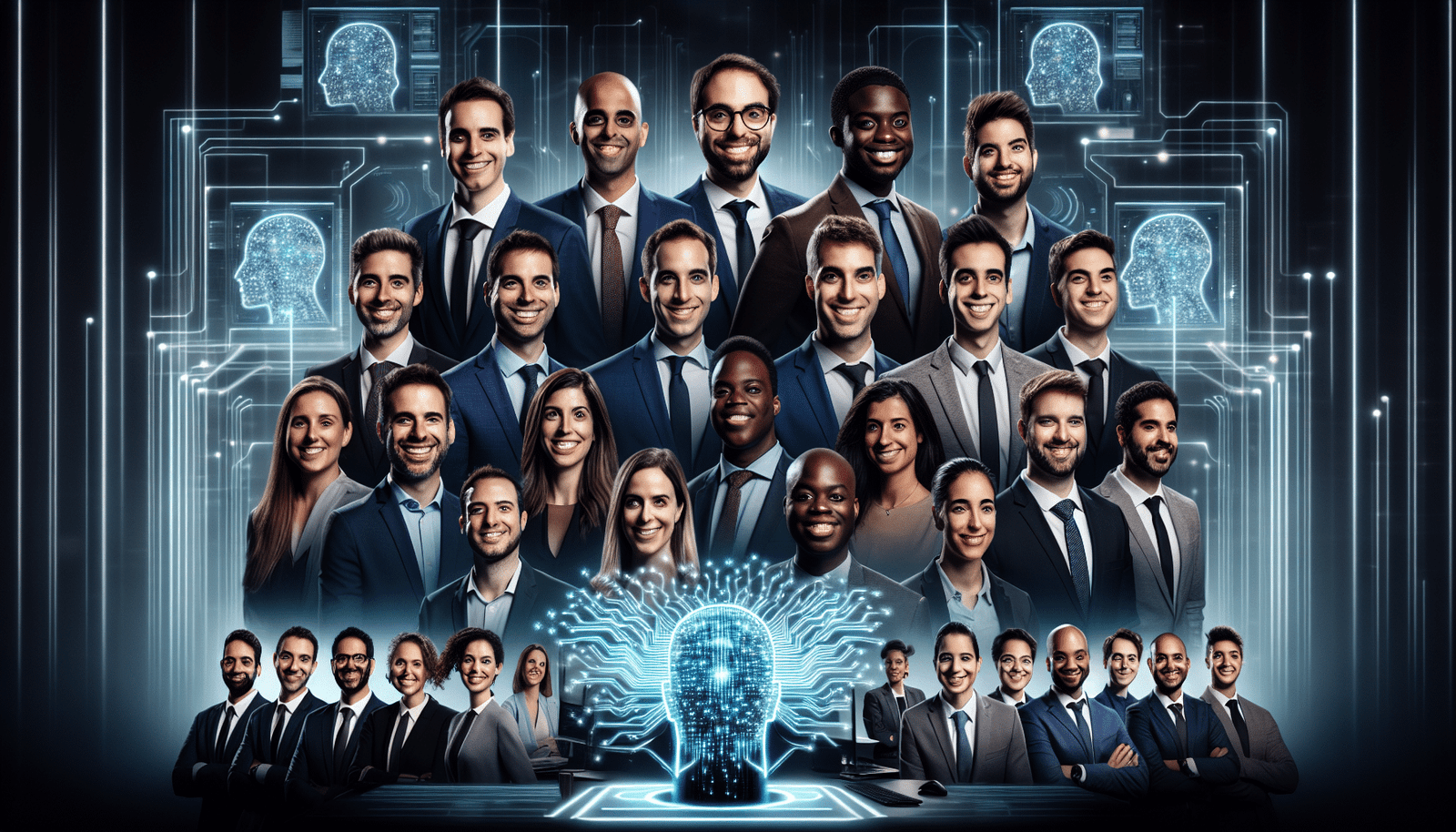 Un groupe de 15 entrepreneurs québécois diversifiés, souriants et confiants, se tenant devant un tableau futuriste affichant des graphiques de croissance IA et des circuits neuronaux lumineux, symbolisant l'innovation et la collaboration. Style lumineux et optimiste.
