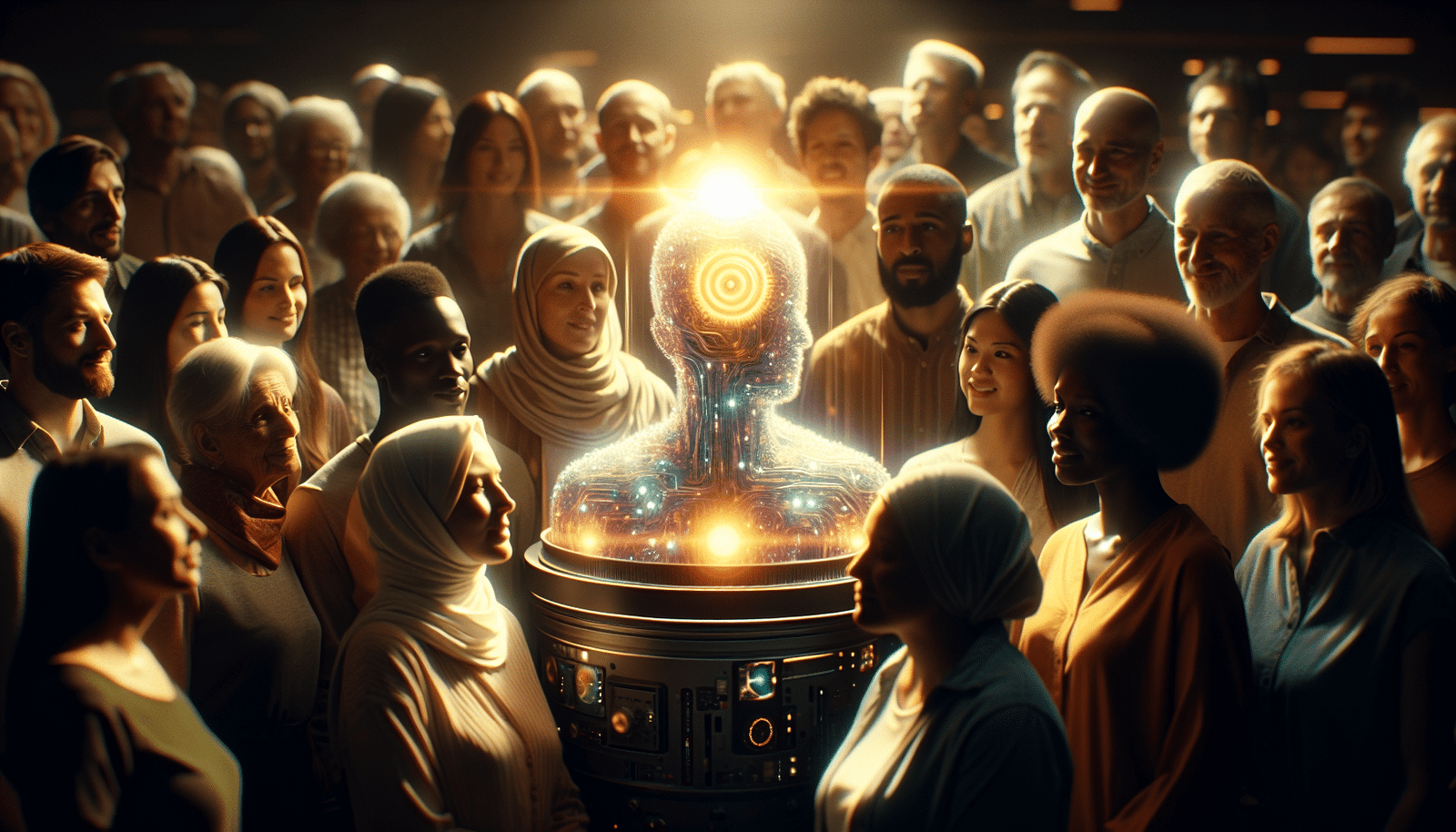 Stylized depiction of a diverse global community collaborating around a central glowing brain or AI core, illustrating open-source principles and shared knowledge. Warm, inviting tones.
