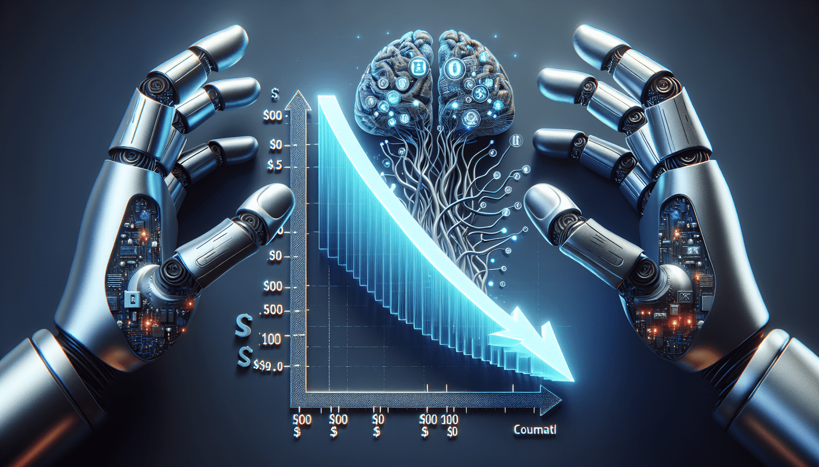 Un graphique stylisé en 3D montrant une courbe de coûts de cybersécurité en chute libre, avec des symboles d'IA (neurones, circuits) et des mains robotiques protégeant des données sensibles. Couleurs vives, sens de l'efficacité et de l'innovation.
