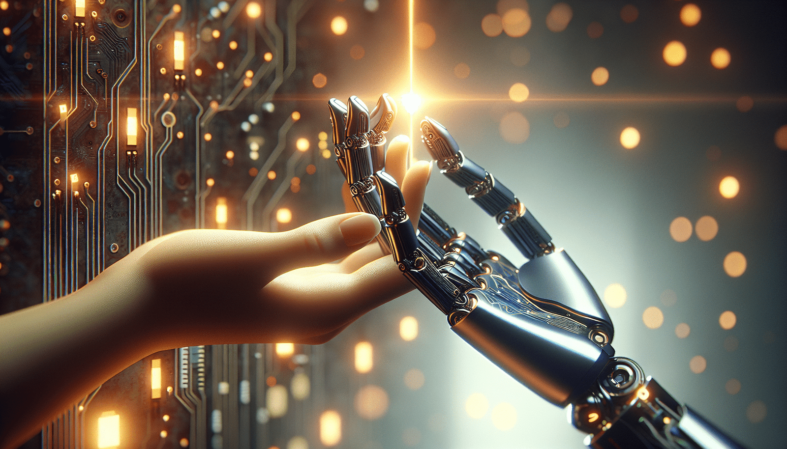 Deux mains, l'une humaine et l'autre robotique, tenant ensemble une ligne de code lumineuse, symbolisant la collaboration et l'intégration harmonieuse. Arrière-plan flou de circuits imprimés ou de données numériques. Couleurs chaudes et froides mélangées pour l'équilibre.