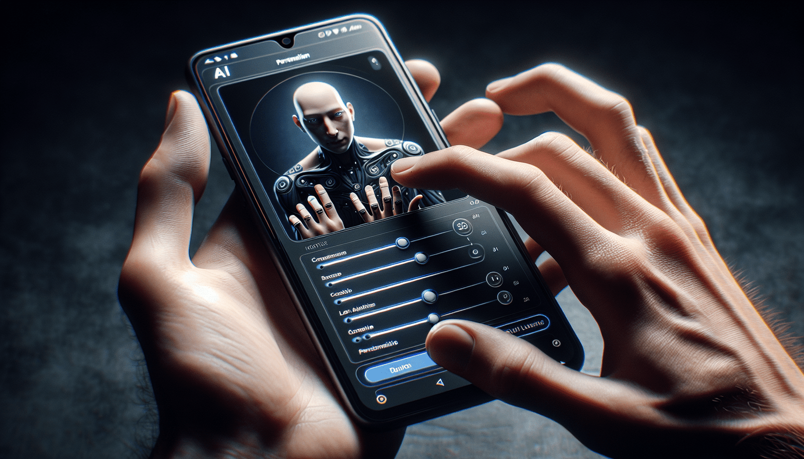 Gros plan sur les mains d'une personne tenant un smartphone, affichant un écran de personnalisation de l'IA de Candy AI. Des curseurs et des options permettent de modifier l'apparence et la personnalité de l'avatar. L'atmosphère est créative et intuitive, avec des éléments de design IA.