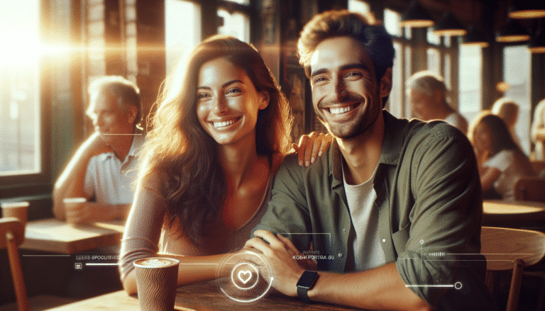 Un couple souriant et détendu sur un premier rendez-vous réussi dans un café cosy, l'ambiance est chaleureuse et lumineuse, avec des éléments technologiques discrets en arrière-plan symbolisant l'IA qui a aidé à organiser le rendez-vous. Style réaliste, couleurs vives, profondeur de champ faible.