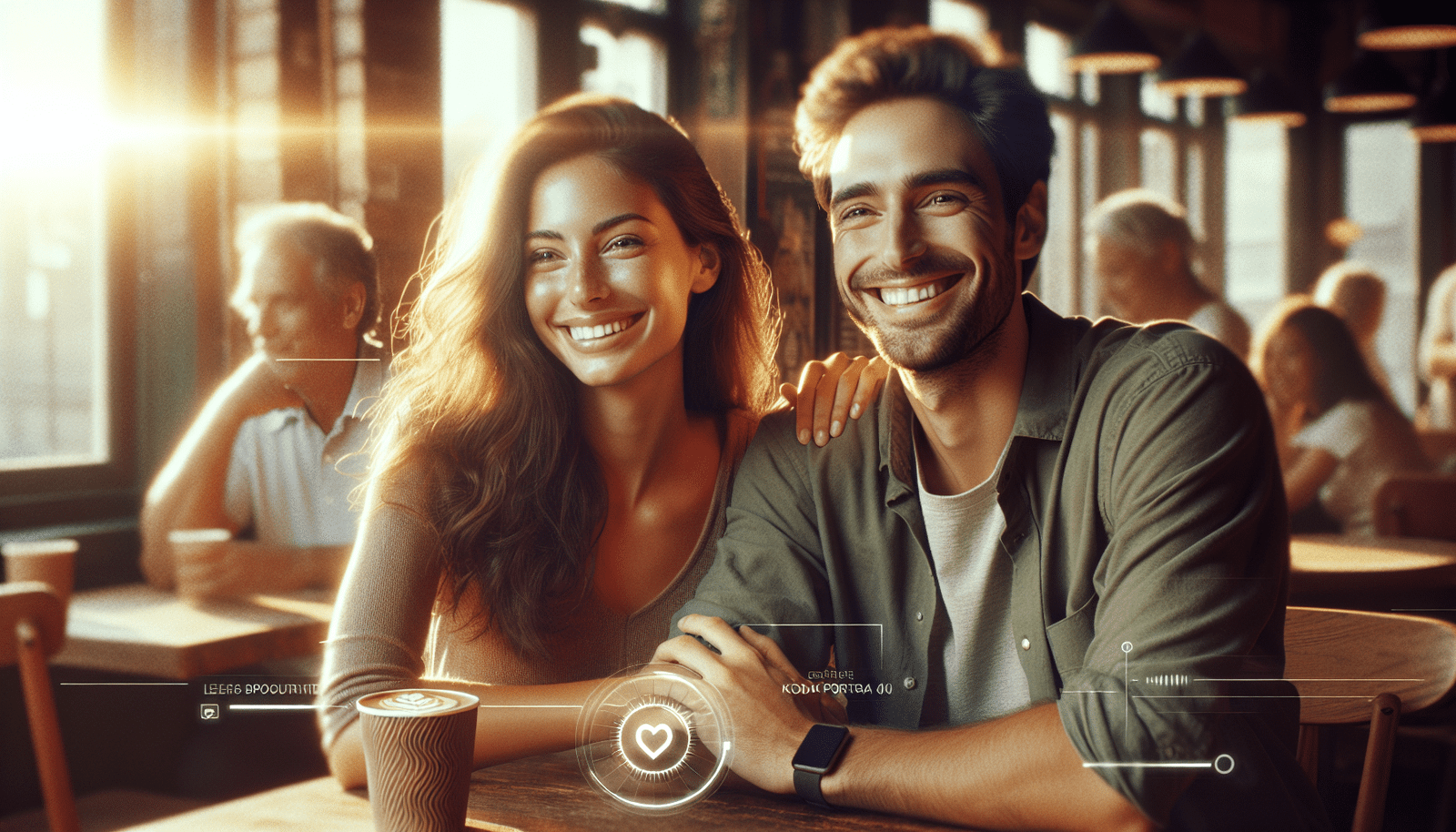 Un couple souriant et détendu sur un premier rendez-vous réussi dans un café cosy, l'ambiance est chaleureuse et lumineuse, avec des éléments technologiques discrets en arrière-plan symbolisant l'IA qui a aidé à organiser le rendez-vous. Style réaliste, couleurs vives, profondeur de champ faible.