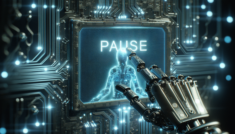 Une main robotique futuriste qui appuie sur un bouton "Pause" ou "Reporté" sur un écran numérique abstrait et lumineux. L'arrière-plan représente des circuits neuronaux complexes et des flux de données, symbolisant l'IA et la réflexion. Couleurs froides, ambiance sérieuse et réfléchie.