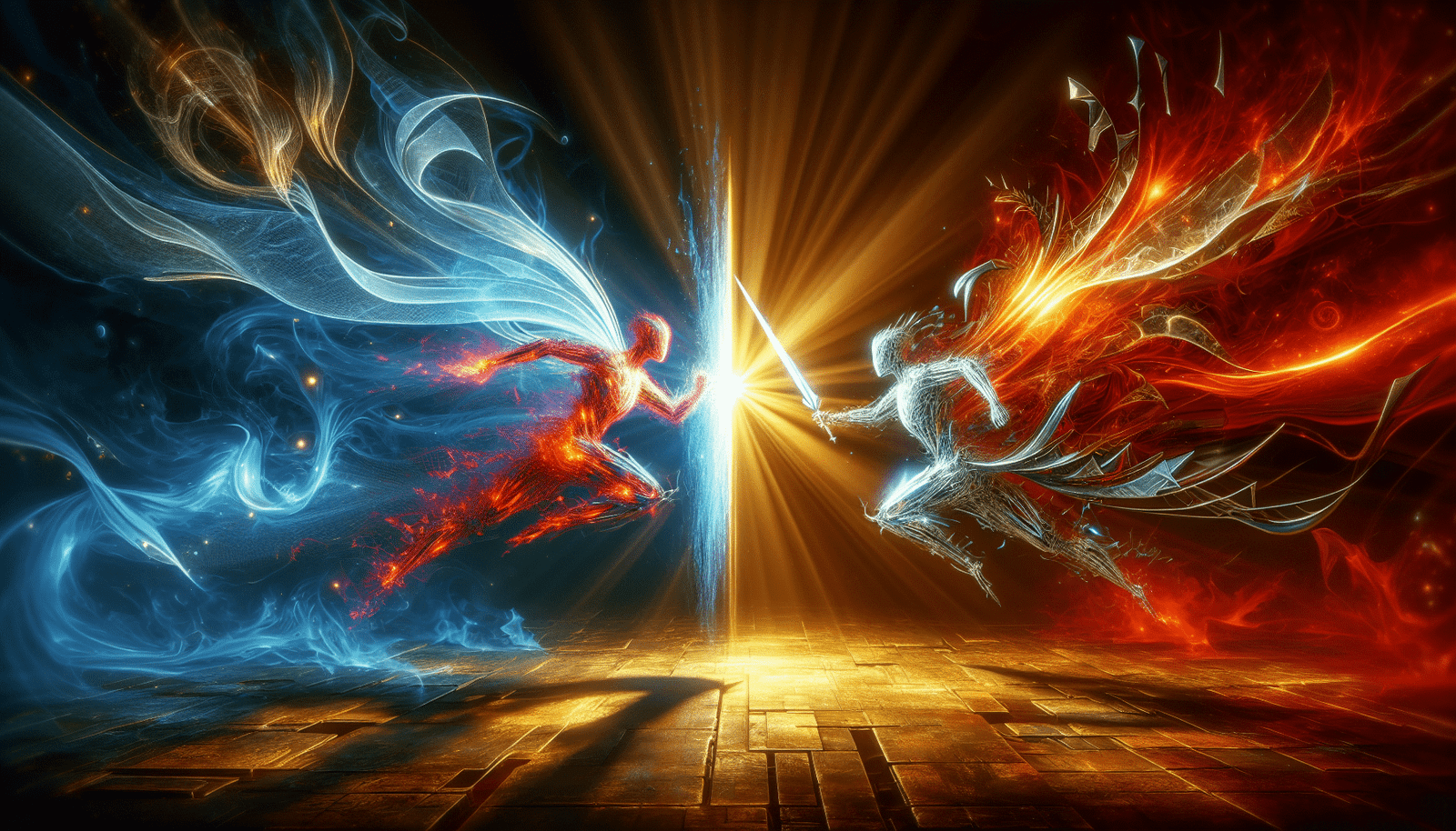 A stylized digital battlefield where two abstract AI entities, one represented by a glowing blue shield and the other by a red, sharp-edged weapon, are locked in an eternal struggle. Dynamic, epic lighting.
