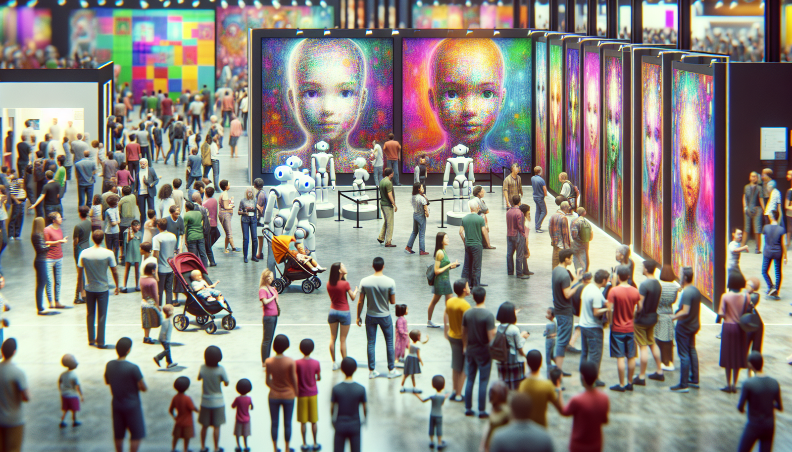 A vibrant exhibition hall filled with diverse visitors interacting enthusiastically with cutting-edge AI robots and innovative digital displays. A section dedicated to AI art showcases mesmerizing, colourful digital paintings. Families and young people are visibly engaged. Bright, inviting atmosphere.