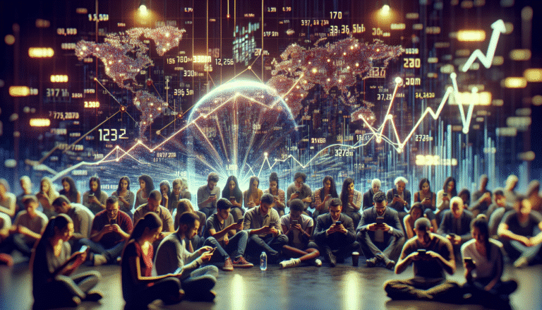 Une mosaïque visuelle représentant des chiffres et des graphiques de croissance stylisés, avec des personnes de divers âges et origines utilisant des appareils numériques, symbolisant l'adoption mondiale de l'IA. Couleurs vives et futuristes, ambiance dynamique.