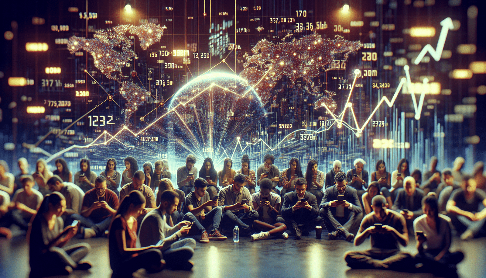 Une mosaïque visuelle représentant des chiffres et des graphiques de croissance stylisés, avec des personnes de divers âges et origines utilisant des appareils numériques, symbolisant l'adoption mondiale de l'IA. Couleurs vives et futuristes, ambiance dynamique.