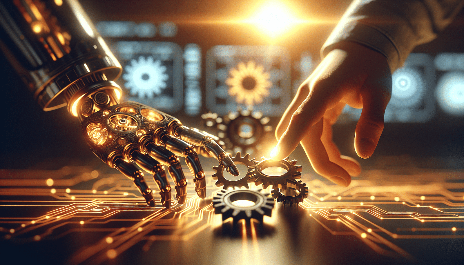 Deux mains, l'une humaine et l'autre robotique, joignant des rouages d'engrenages lumineux, symbolisant la collaboration équilibrée entre l'homme et l'IA pour la régulation et la protection des données. Ambiance futuriste, lumières chaudes et froides mélangées, sur fond flou d'une interface de données.