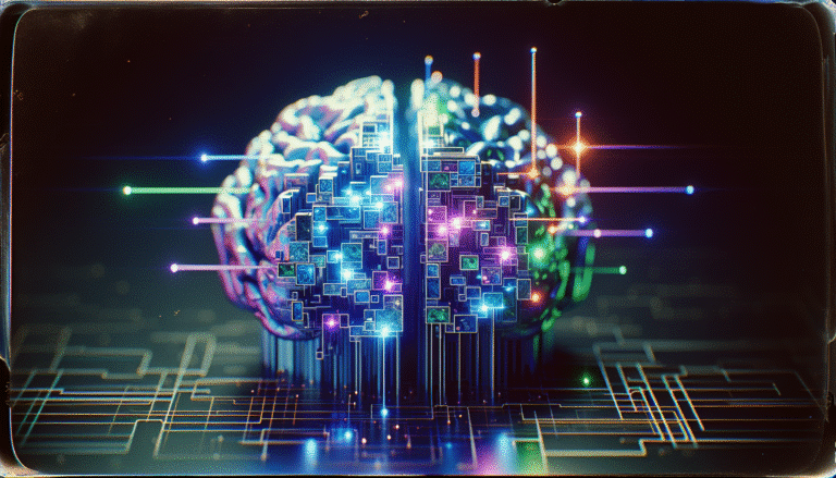 Une illustration abstraite d'un cerveau numérique fragmenté, chaque fragment s'illuminant sélectivement et dynamiquement, symbolisant l'architecture Mixture-of-Experts (MoE) d'un LLM. Les fragments sont interconnectés par des lignes lumineuses, suggérant une efficacité et une synergie des ressources. Couleurs vives (bleu, violet, vert électrique) sur fond sombre, avec un léger effet de réseau neuronal.