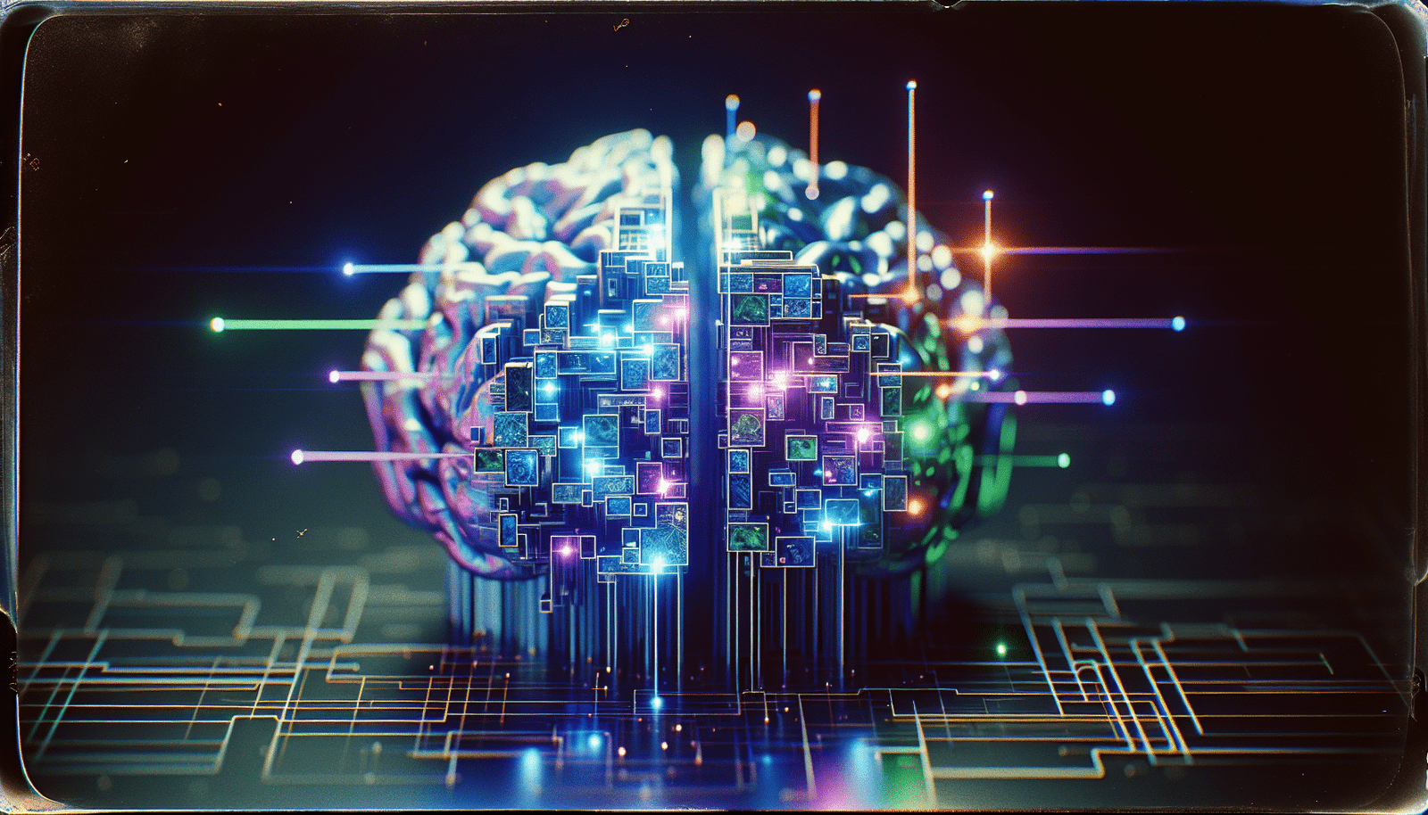 Une illustration abstraite d'un cerveau numérique fragmenté, chaque fragment s'illuminant sélectivement et dynamiquement, symbolisant l'architecture Mixture-of-Experts (MoE) d'un LLM. Les fragments sont interconnectés par des lignes lumineuses, suggérant une efficacité et une synergie des ressources. Couleurs vives (bleu, violet, vert électrique) sur fond sombre, avec un léger effet de réseau neuronal.