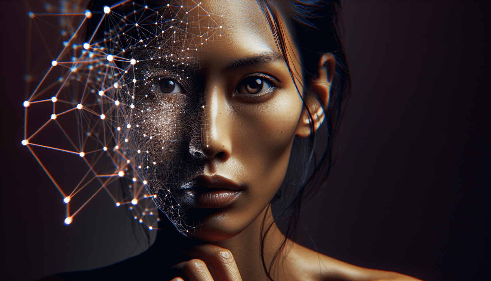 A worried person's face partially obscured by a mosaic of data points and abstract AI neural network lines, symbolizing data collection concerns. Subtle Facebook and Instagram logos faintly visible in the background, implying their role in data gathering.