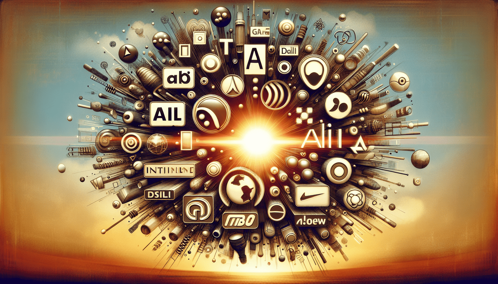 Une représentation stylisée de plusieurs logos d'entreprises IA (OpenAI, Anthropic, Google DeepMind, etc.) formant un cercle autour d'un point central lumineux, symbolisant l'intense compétition et l'innovation constante dans le domaine de l'intelligence artificielle. Ambiance dynamique et compétitive.