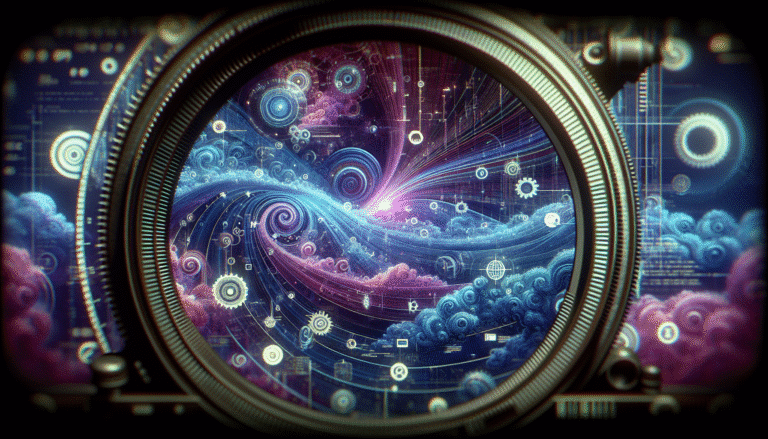 Visualisation abstraite d'un navigateur web futuriste avec des éléments d'IA symbolisant l'automatisation et la pensée proactive, des engrenages tournant en arrière-plan, des données fluides et des icônes d'assistant numérique, dans des tons bleus et violets futuristes.