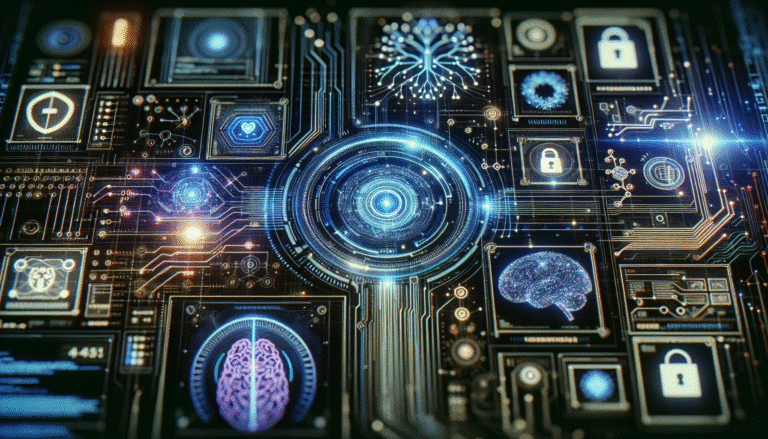 Une interface numérique futuriste avec des lignes de code et des icônes de sécurité, symbolisant la protection contre les cybermenaces. Des éléments visuels d'IA comme des neurones ou des graphiques de données complexes sont intégrés. Lumières bleues et violettes dominent, atmosphère de haute technologie.