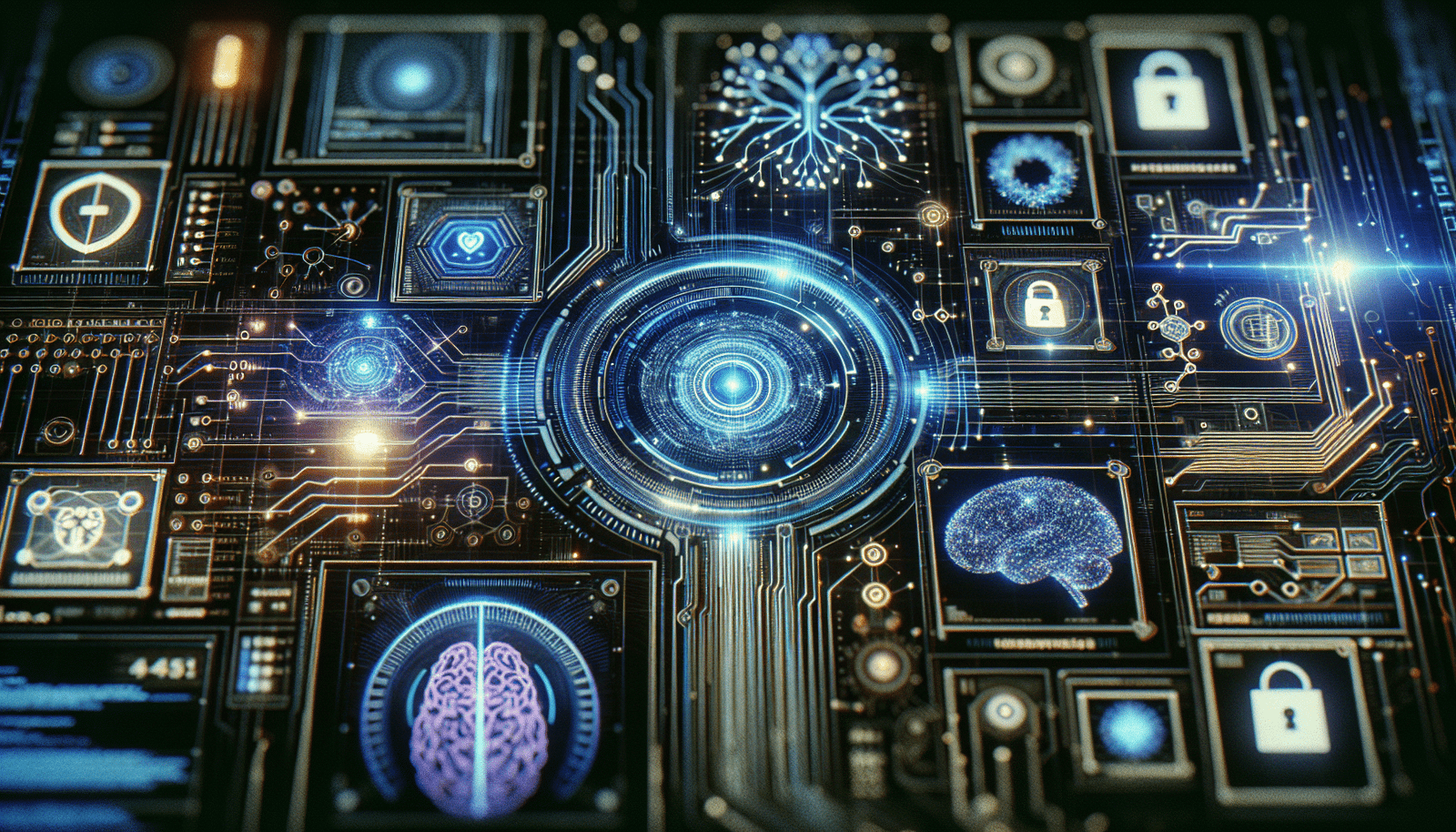 Une interface numérique futuriste avec des lignes de code et des icônes de sécurité, symbolisant la protection contre les cybermenaces. Des éléments visuels d'IA comme des neurones ou des graphiques de données complexes sont intégrés. Lumières bleues et violettes dominent, atmosphère de haute technologie.