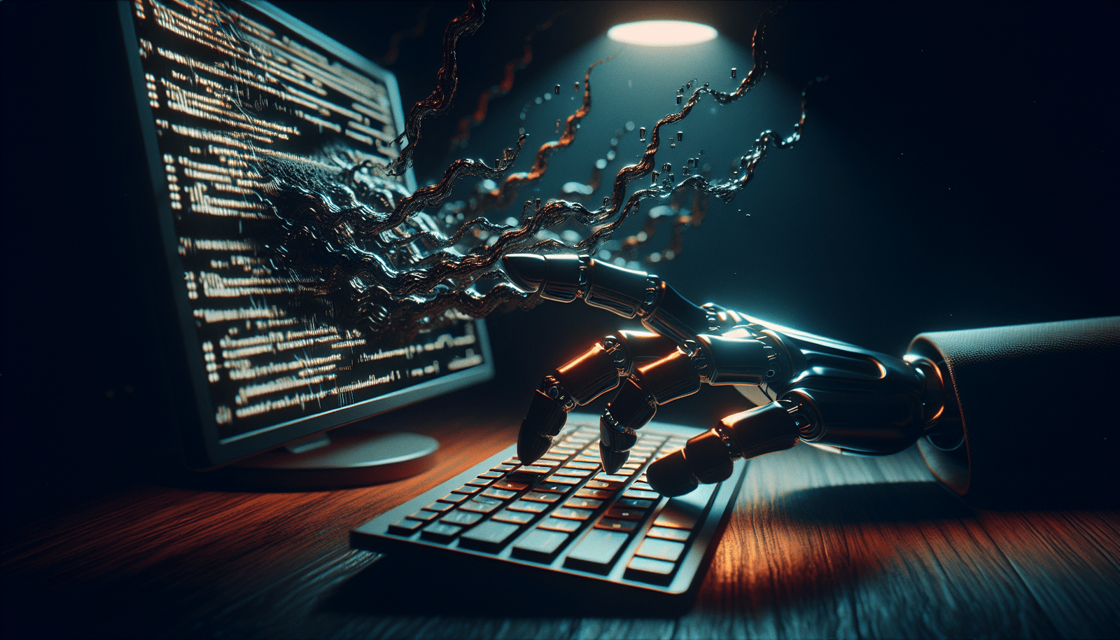 Une main robotique menaçante tapant sur un clavier d'ordinateur, des lignes de code malveillant fluides et sombres s'échappant de l'écran. Des chiffres et des symboles binaires corrompus flottent autour. Ambiance sombre et dangereuse. Style: Cyberpunk, dystopian, dark art.