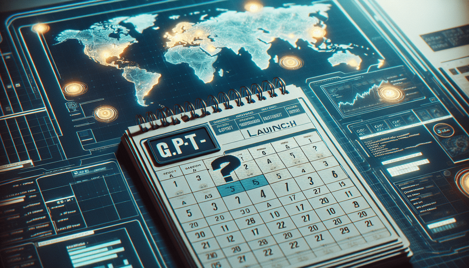 Un calendrier futuriste où la date "GPT-5 Launch" est barrée et remplacée par un grand point d'interrogation, avec en arrière-plan des cartes du monde stylisées montrant des points lumineux représentant les pôles d'innovation IA en Europe et ailleurs. Palette de couleurs technologiques.