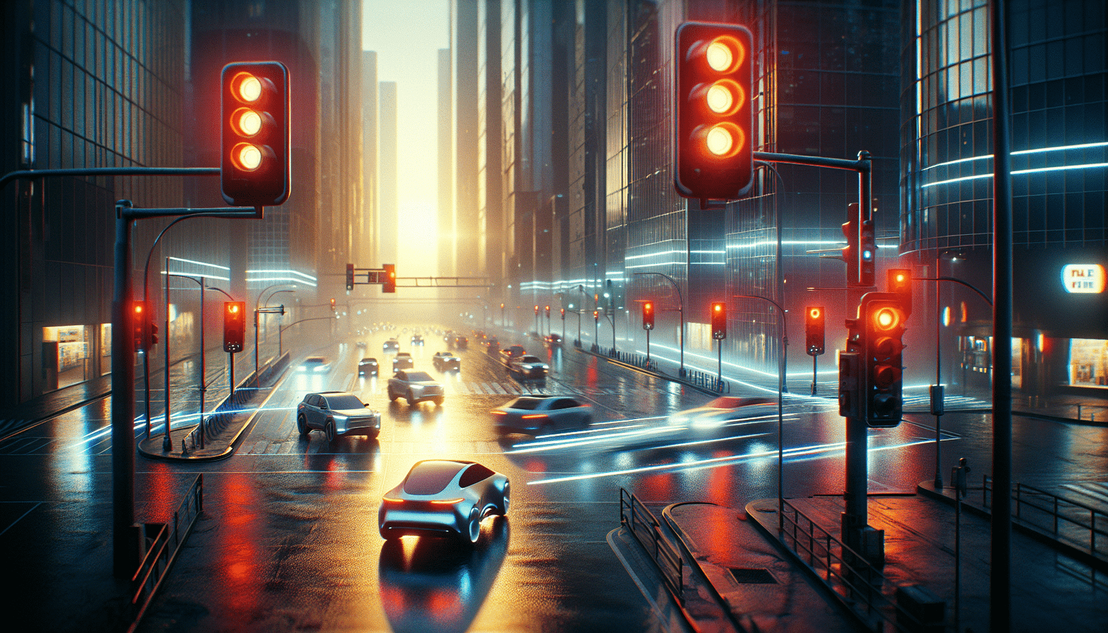 A futuristic city intersection at dusk, glowing with smart traffic lights and autonomous vehicles moving smoothly, demonstrating efficient traffic flow. High-tech, urban setting, soft glow, cyberpunk aesthetic.