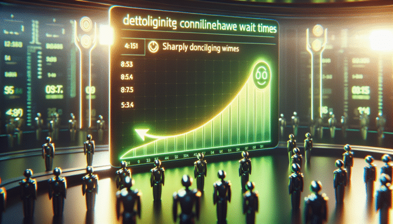 Une interface futuriste de centre d'appels, avec des graphiques lumineux montrant des temps d'attente en forte baisse et des flèches vertes symbolisant l'efficacité. Des robots assistants virtuels stylisés en arrière-plan. Style numérique, high-tech, optimiste.