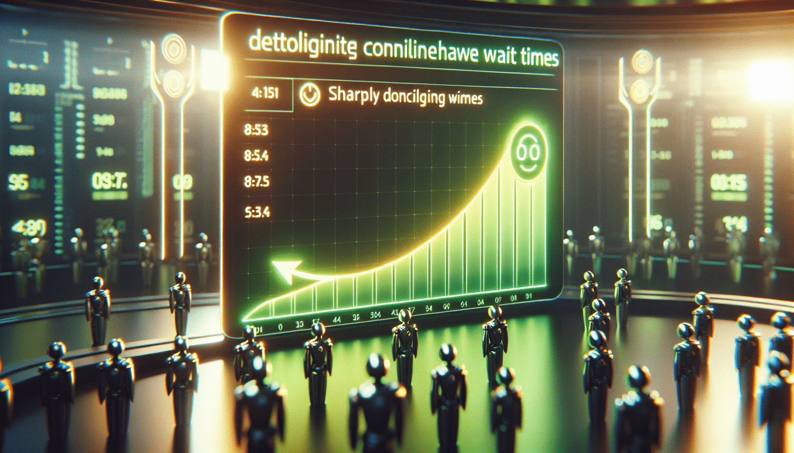 Une interface futuriste de centre d'appels, avec des graphiques lumineux montrant des temps d'attente en forte baisse et des flèches vertes symbolisant l'efficacité. Des robots assistants virtuels stylisés en arrière-plan. Style numérique, high-tech, optimiste.