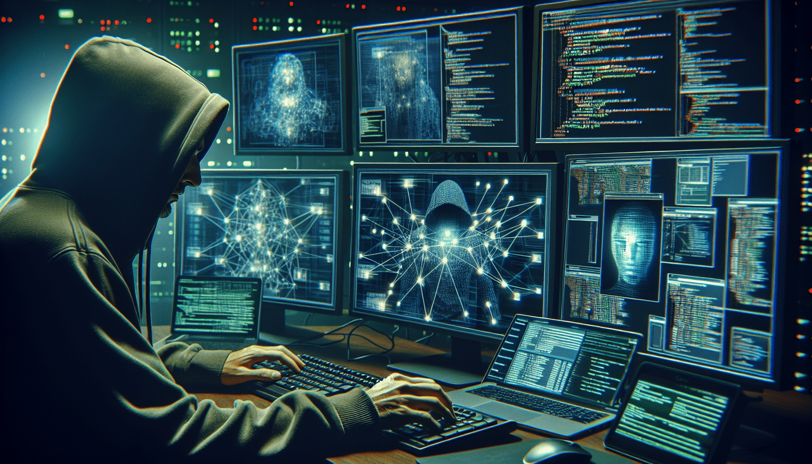 Un cyber-attaquant anonyme, encapuchonné, travaillant devant plusieurs écrans d'ordinateur, avec des lignes de code fluides et des graphiques de réseau complexes affichant des vecteurs d'attaque comme des visages deepfake déformés, des icônes de phishing et des symboles de virus. L'ambiance est sombre et technologique, soulignant la menace furtive. Style sombre, futuriste, inspiré des films de science-fiction.