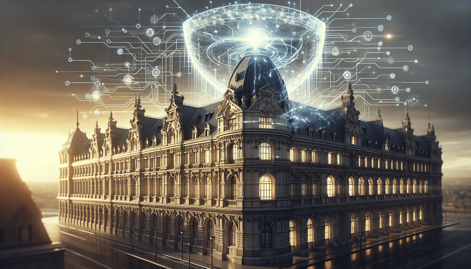 A majestic, detailed shot of the European Parliament building at dawn, with luminous, intricate circuits and data lines emanating from its structure, symbolizing robust digital regulation. A protective shield icon, made of light, hovers above it, representing the AI Act. Dynamic, secure, and hopeful atmosphere.