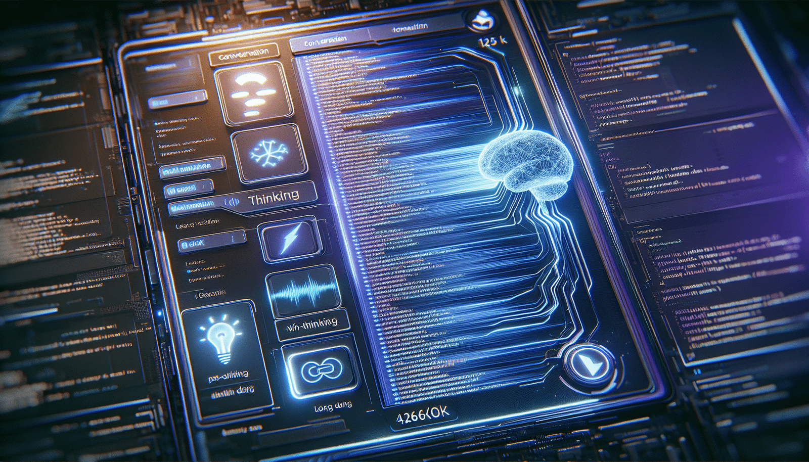Une interface utilisateur futuriste d'un assistant IA montrant une conversation extrêmement longue et fluide, s'étirant verticalement pour symboliser la capacité de 256k tokens. Sur le côté, des icônes stylisées représentant un cerveau pensant (pour le mode "thinking" - lent et profond) et un éclair (pour le mode "non-thinking" - rapide et direct). Des lignes de code et des extraits de texte s'écoulent dans l'interface, soulignant la polyvalence. Ambiance cybernétique avec des nuances de bleu et de violet.