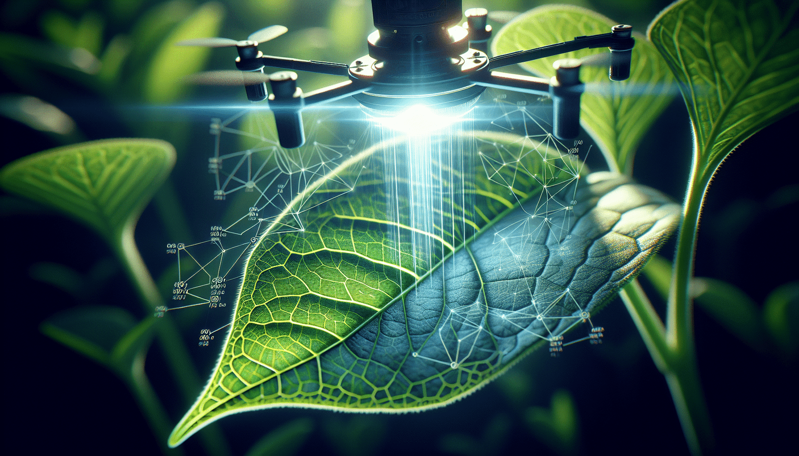 Vue rapprochée et dynamique d'un drone agricole moderne, ses capteurs multispectraux émettant une lumière douce et scientifique sur une feuille de plante montrant des signes précoces d'une maladie. Un effet visuel d'intelligence artificielle (réseaux neuronaux, lignes de données) entoure le point détecté sur la feuille. Ambiance de technologie avancée, protection et innovation.