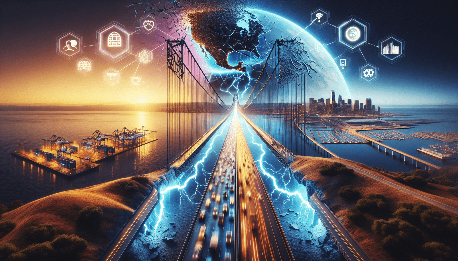 Une allégorie de la "fracture numérique" ou "guerre des réglementations", montrant un pont futuriste entre l'Europe et les États-Unis qui se fissure ou dont les câbles se tendent dangereusement. Des icônes symbolisant l'IA, la régulation et l'innovation flottent autour, soulignant la division entre les approches de gouvernance. Les couleurs sont vives et contrastées pour accentuer la tension.