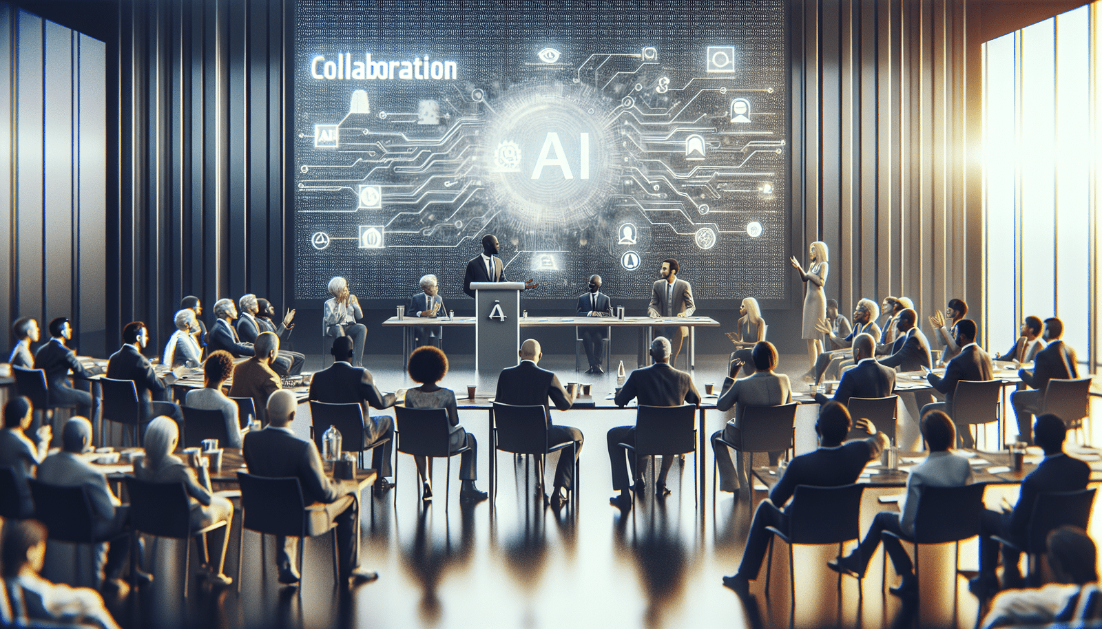 Une salle de conférence animée avec des personnalités diverses (politiques, chefs d'entreprise, syndicalistes) engagées dans une discussion constructive autour de l'intelligence artificielle, projetée sur un grand écran en arrière-plan. L'atmosphère est collaborative et visionnaire, avec un éclairage moderne et des éléments graphiques discrets symbolisant le réseau et la connexion, illustrant l'unité nationale autour du plan "Osez l'IA".