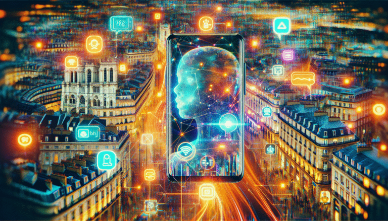 Une interface d'application mobile futuriste nommée "Tootie" affichant un chatbot vocal interactif, superposée sur un collage dynamique de monuments emblématiques de Paris, Londres, Bath et Bruxelles. Des lignes lumineuses et connectées symbolisent l'IA et la géolocalisation. Couleurs vives, style moderne et engageant.