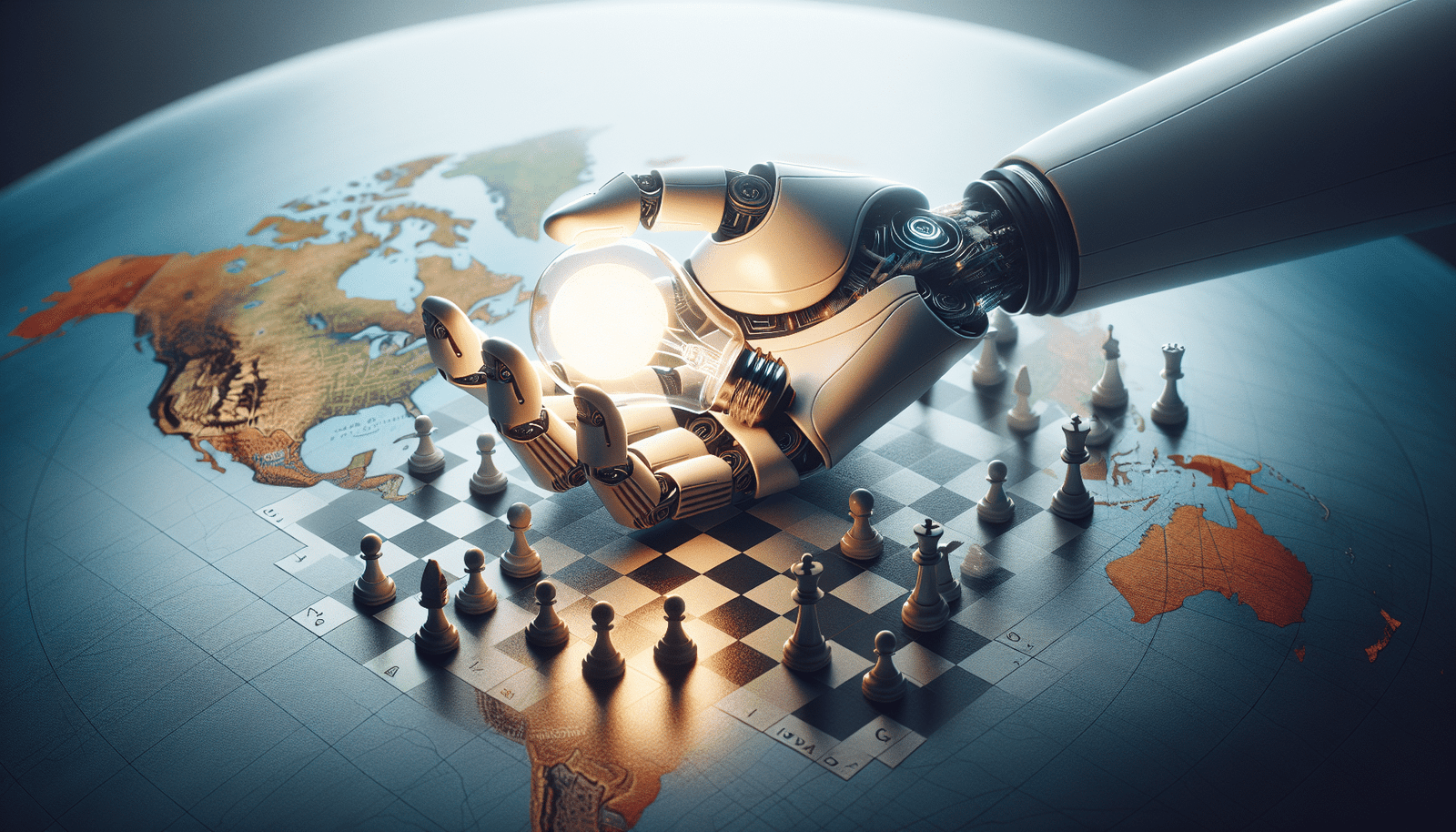 Une main robotique futuriste tenant une ampoule allumée sur un échiquier mondial, symbolisant la concurrence pour les talents en IA et les enjeux géopolitiques. Des symboles de différents pays ou drapeaux sont subtilement intégrés dans les cases de l'échiquier, dans un style high-tech et géopolitique.