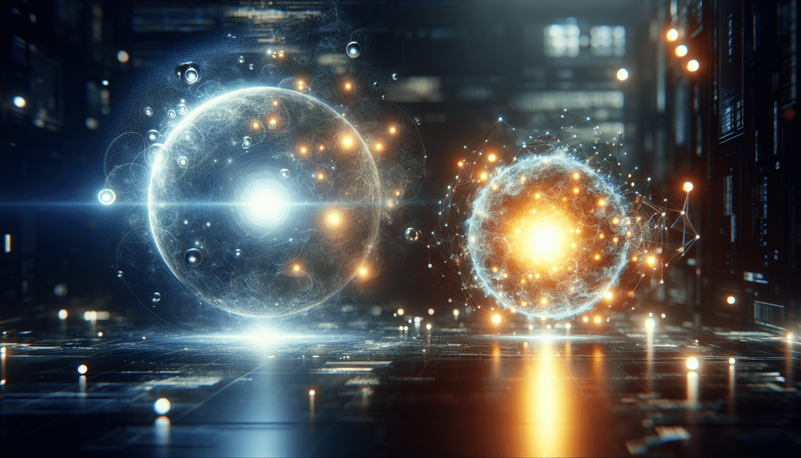 Deux logos d'IA (Anthropic et OpenAI) représentés comme des sphères énergétiques lumineuses, l'une (OpenAI) clairement plus grande et plus brillante que l'autre (Anthropic), flottant dans un espace numérique abstrait et compétitif, symbolisant une course technologique intense.