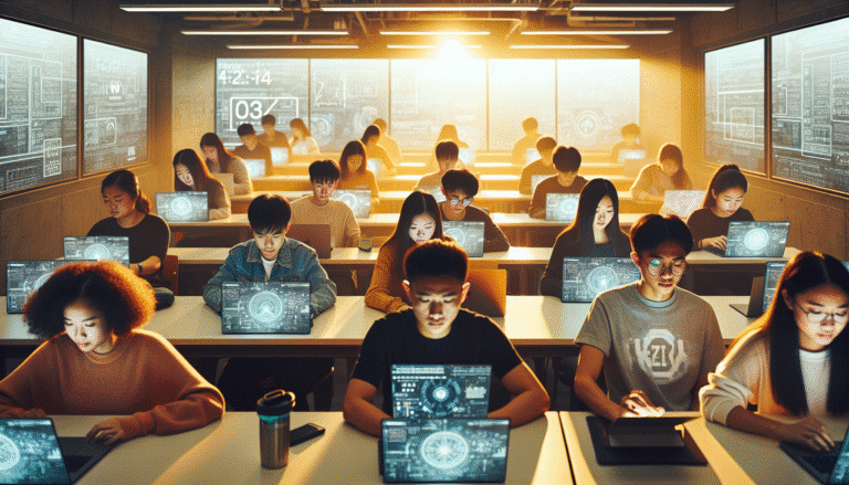 A diverse group of young, tech-savvy students in a modern Hong Kong classroom setting, each interacting with their digital devices (laptops, tablets) displaying AI interfaces, perhaps with holographic projections of complex equations or philosophical texts. The atmosphere is studious yet innovative, with bright, natural lighting.