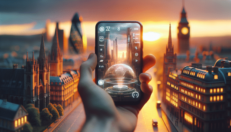 Une main tenant un smartphone affichant l'application mobile "Tootie" avec un design futuriste et intuitif. En arrière-plan flou, des icônes de monuments célèbres de Paris, Londres, Bath et Bruxelles se fondent dans un paysage urbain dynamique, le tout baigné d'une lumière douce et engageante. Style moderne, lumineux, IA-friendly.
