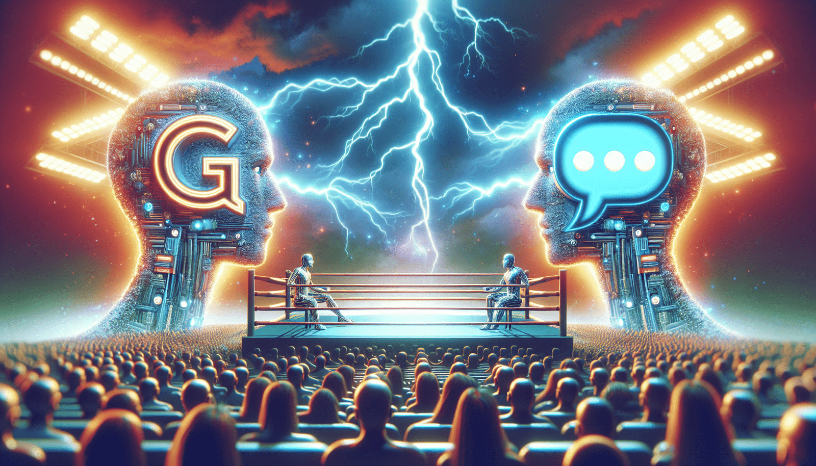 Deux icônes géantes en compétition sur un ring de boxe virtuel : une icône "G" stylisée pour Google et une icône "IA" ou bulle de dialogue pour ChatGPT. La scène est dynamique, stylisée en art numérique futuriste avec des éclairs et une foule numérique animée.