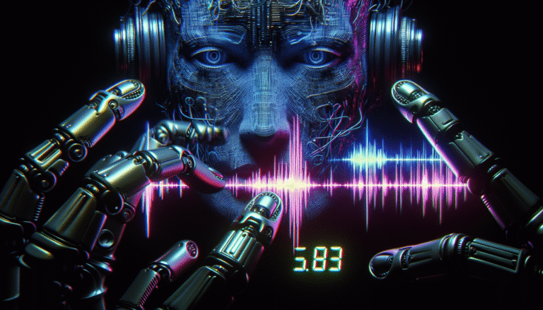 Une interface utilisateur futuriste montrant une onde sonore se transformant en un visage humain en détresse, avec des chiffres '3 secondes' clignotants, des mains de robot manipulant des fils lumineux représentant des voix. Style néon, sombre, anxiogène, ambiance cyber-menace.
