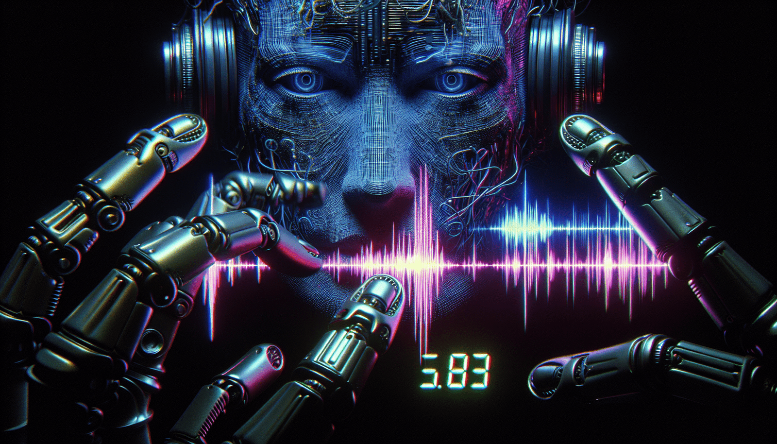Une interface utilisateur futuriste montrant une onde sonore se transformant en un visage humain en détresse, avec des chiffres '3 secondes' clignotants, des mains de robot manipulant des fils lumineux représentant des voix. Style néon, sombre, anxiogène, ambiance cyber-menace.