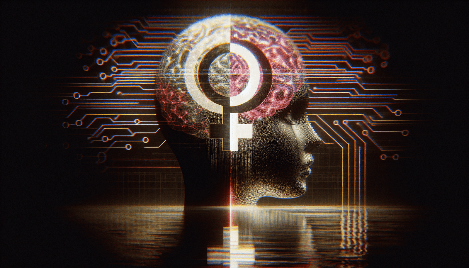 An abstract representation of biased AI. Perhaps a subtle glitch effect over a digital brain or network, with gender symbols subtly distorted or imbalanced, conveying the concept of inherent bias and ethical dilemmas. Darker, more reflective tones.