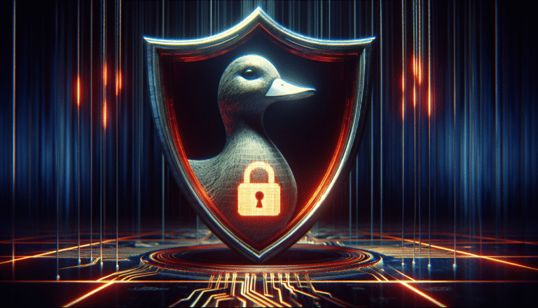 A digital shield icon with a stylized duck, protecting a web browser from malicious red glowing AI-generated phishing links and deceptive websites. Cyber security, secure browsing concept, dark background with glowing lines.