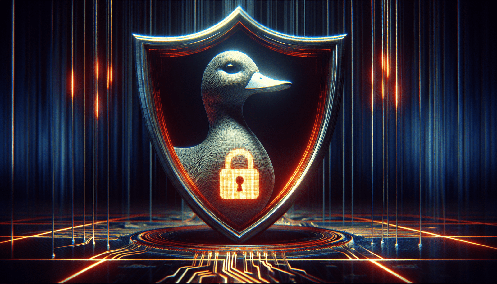 A digital shield icon with a stylized duck, protecting a web browser from malicious red glowing AI-generated phishing links and deceptive websites. Cyber security, secure browsing concept, dark background with glowing lines.