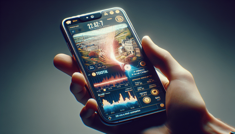 Une main tenant un smartphone affichant l'application "Tootie" avec une carte stylisée de Paris, Londres, Bath et Bruxelles. L'interface est moderne et un chatbot vocal est représenté par des ondes sonores sortant de l'écran. Ambiance lumineuse et conviviale, évoquant le voyage et la découverte.